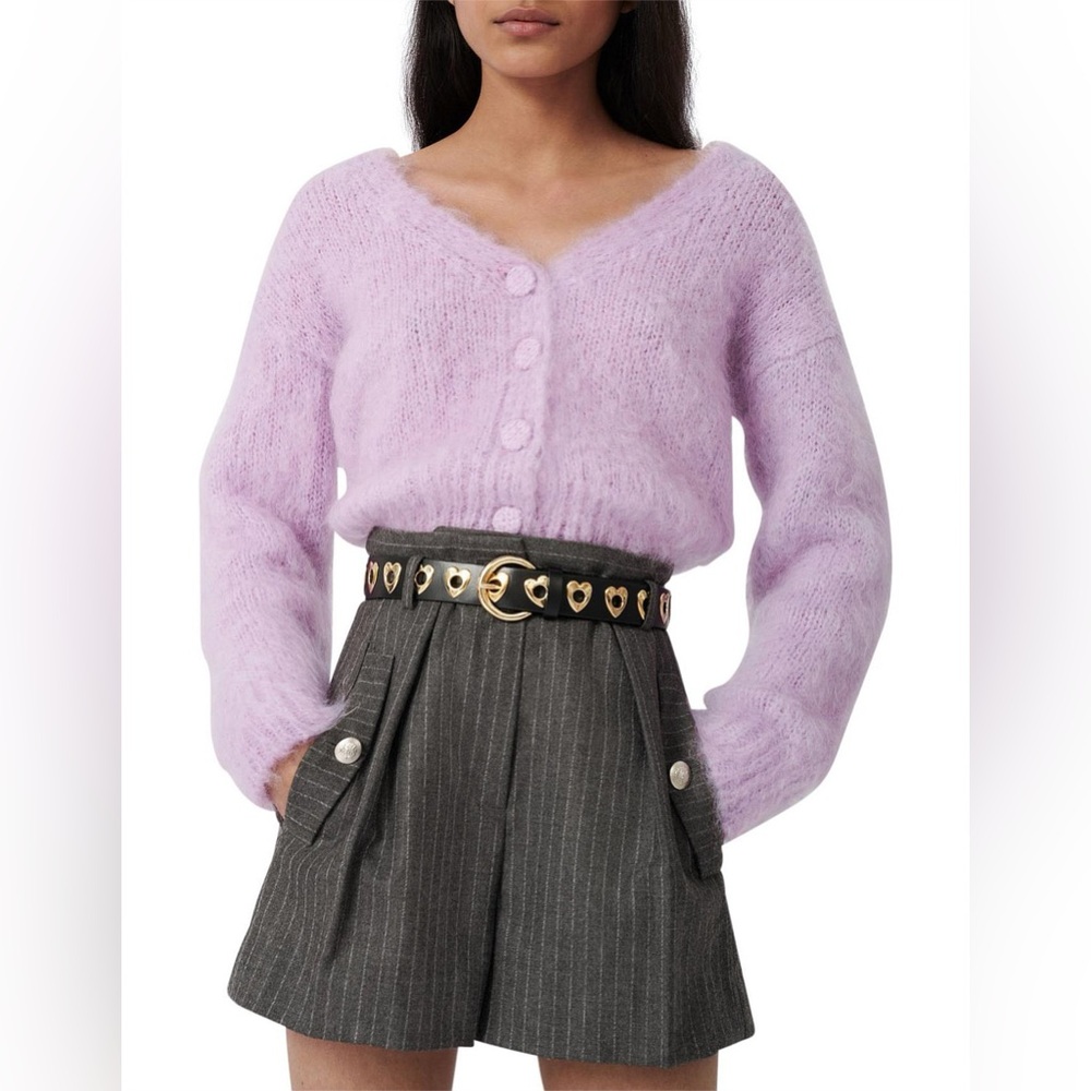 Maje Mistigri V-Neck Mohair Cardigan in Lilac. Size L (FR/EU 3)